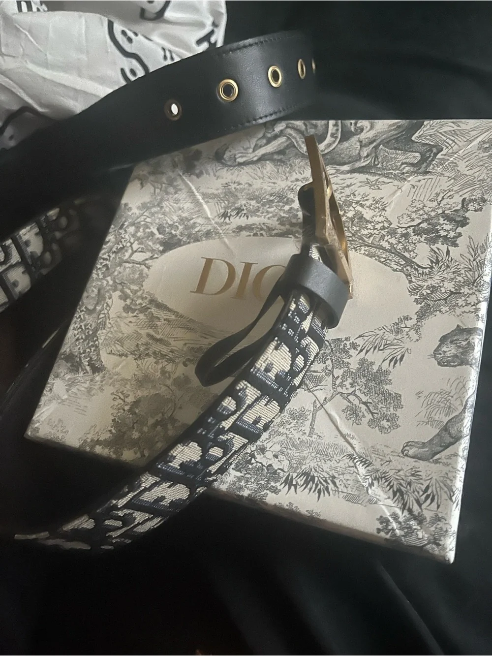 Dior Men’s Black and White Jacquard Logo Belt with Gold Buckle